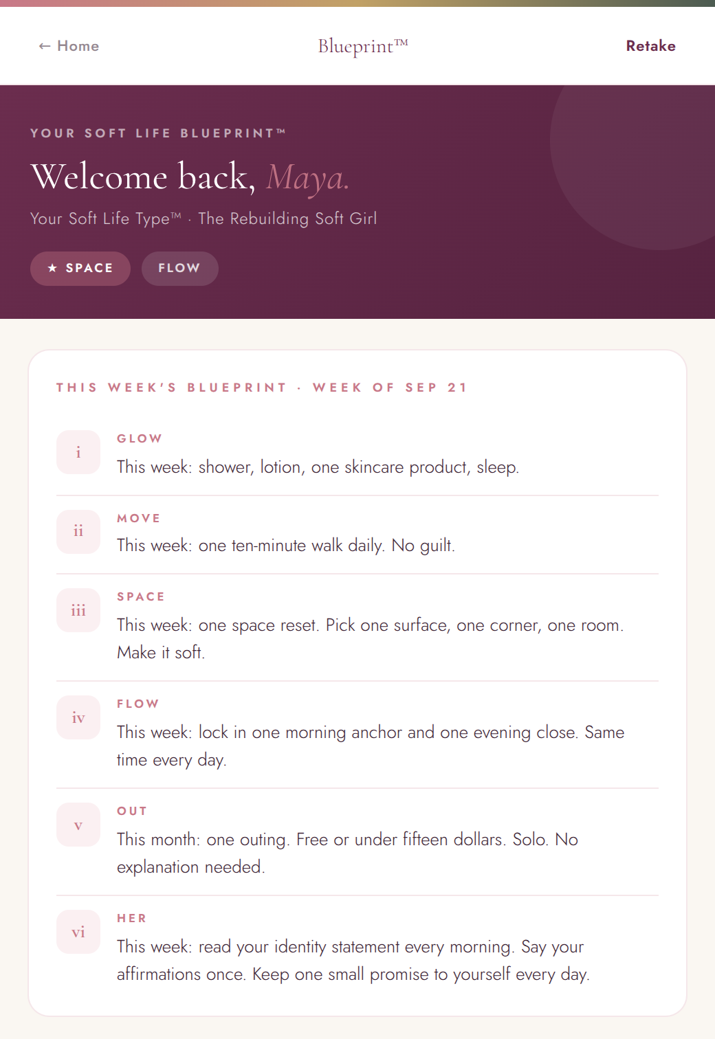 Soft Life Blueprint app dashboard with personalized weekly recommendations